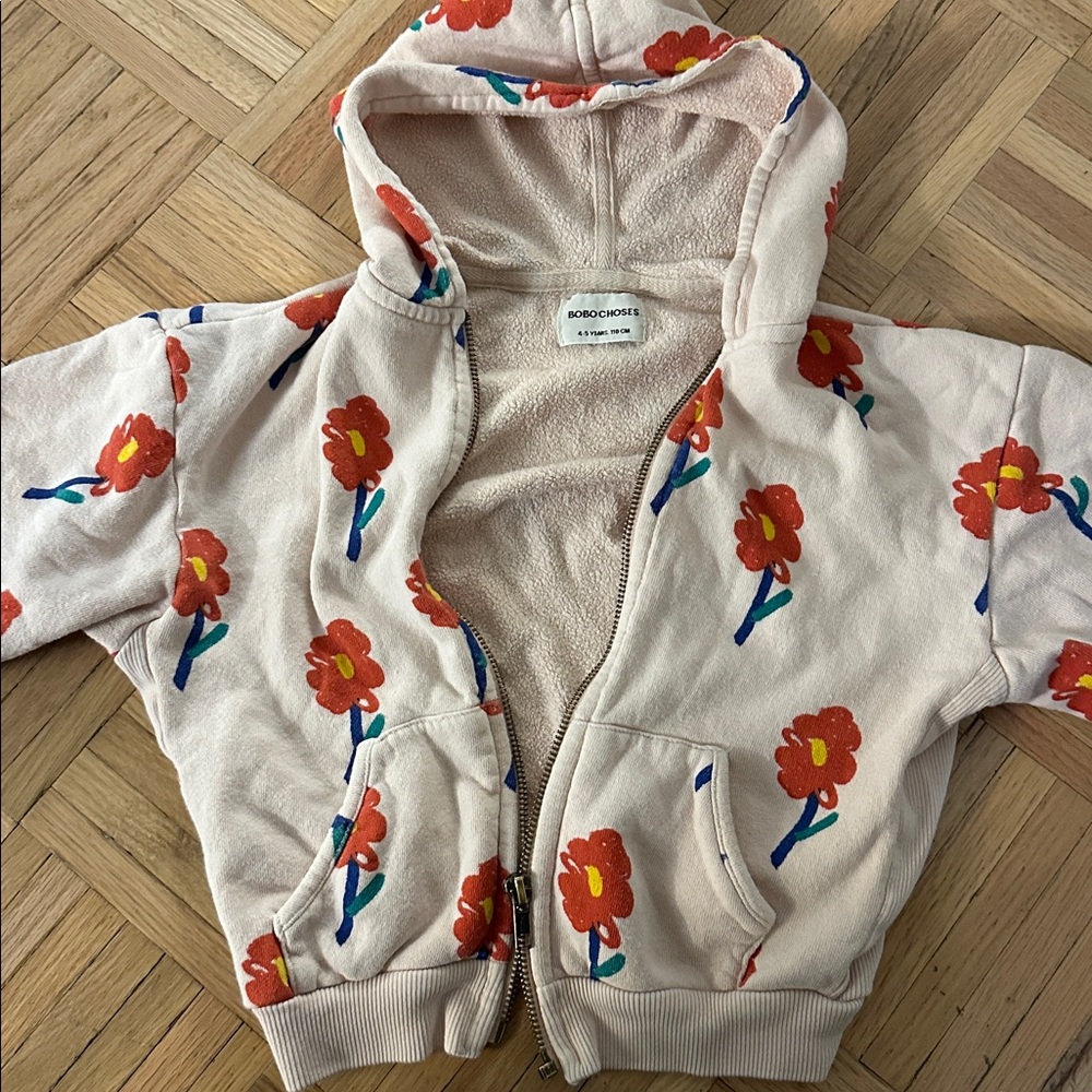 Bobo Choses Beige Hoodie with Red Floral Print
